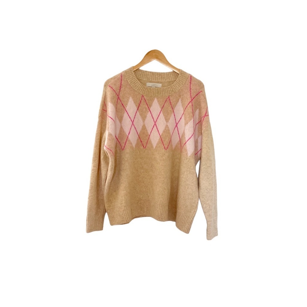 Loft Plaid Fair Isle Taupe Sweater‎ Size XL NWOT - Picture 3 of 5